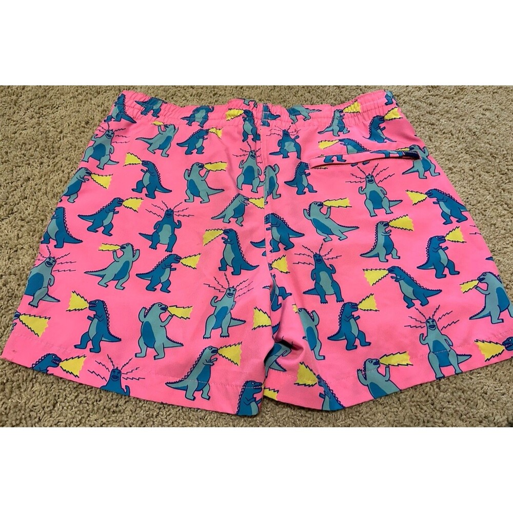 chubbies “Hear Me Roar” Pink Swim Trunks with Blue & Yellow Godzilla Print